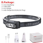 Mini Rechargeable LED Headlamp Body Motion Sensor Headlight Camping Flashlight Head Light Torch Lamp With USB